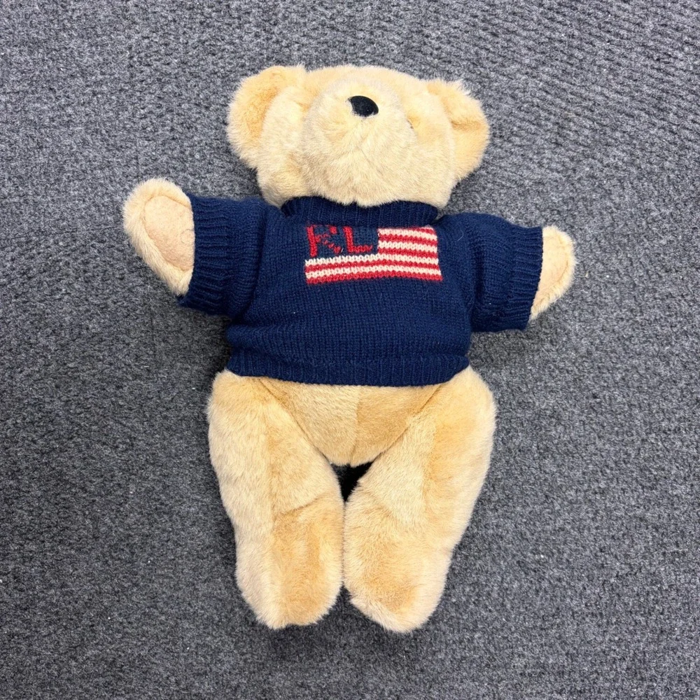 Vintage 1996 Ralph Lauren Teddy Bear Navy Blue American Flag Sweater Plush RL